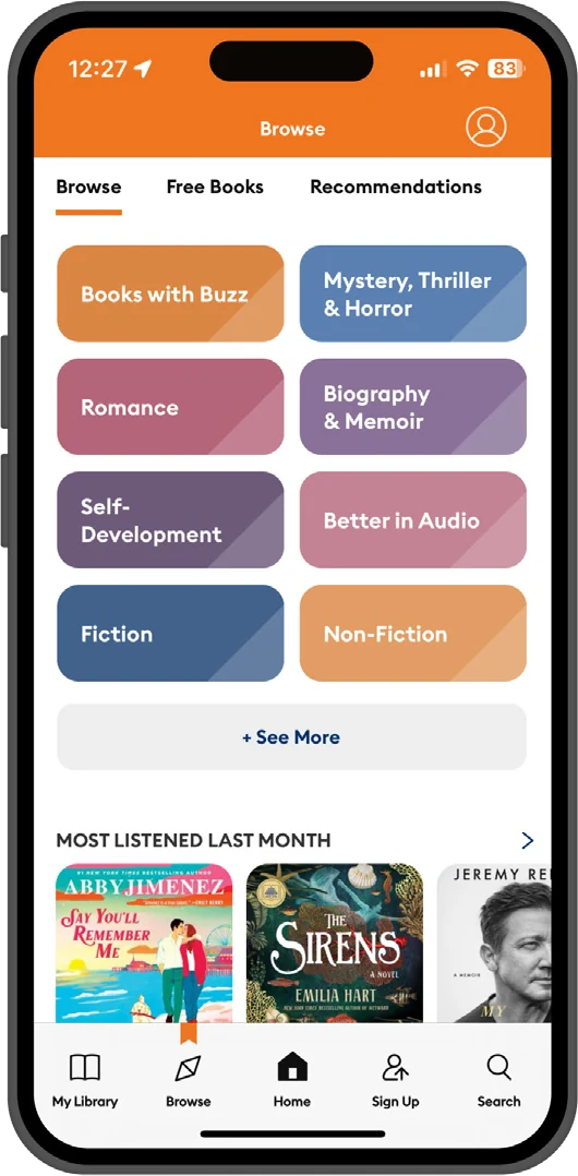Browse landing — colour category blocks over a Most Listened carousel