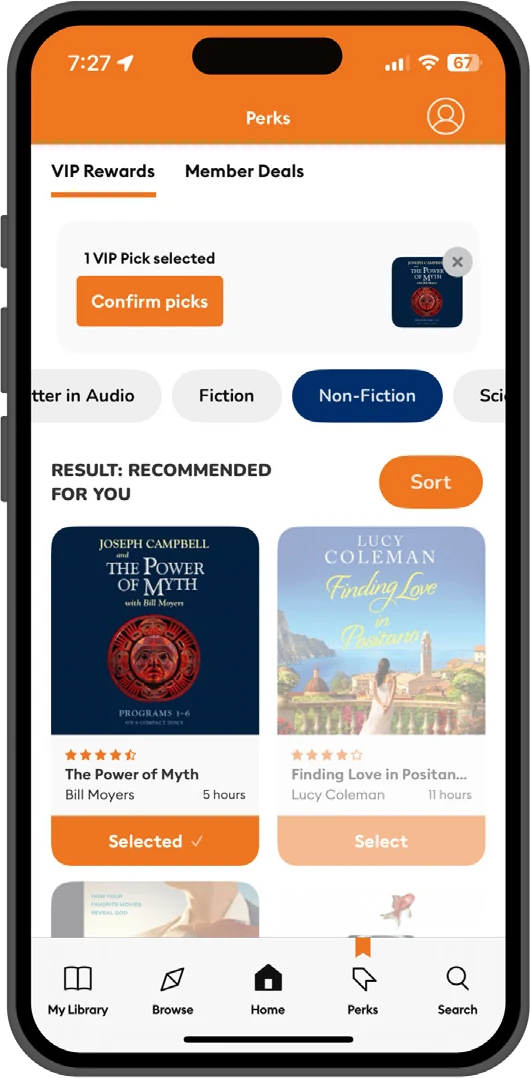 VIP rewards with a single pick selected and remaining titles dimmed